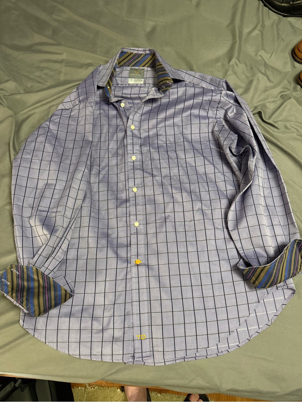 Thomas Dean Men's Luxury Dress Shirt Large Blue Grid Checked Contrast Cuff